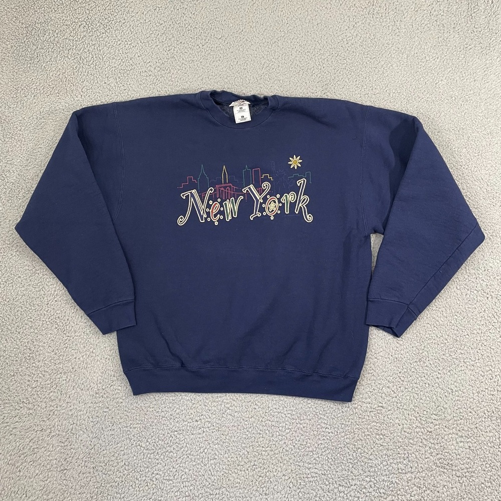 Vintage New York Skyline Sweatshirt XL Navy Embroidered Crewneck Pullover
